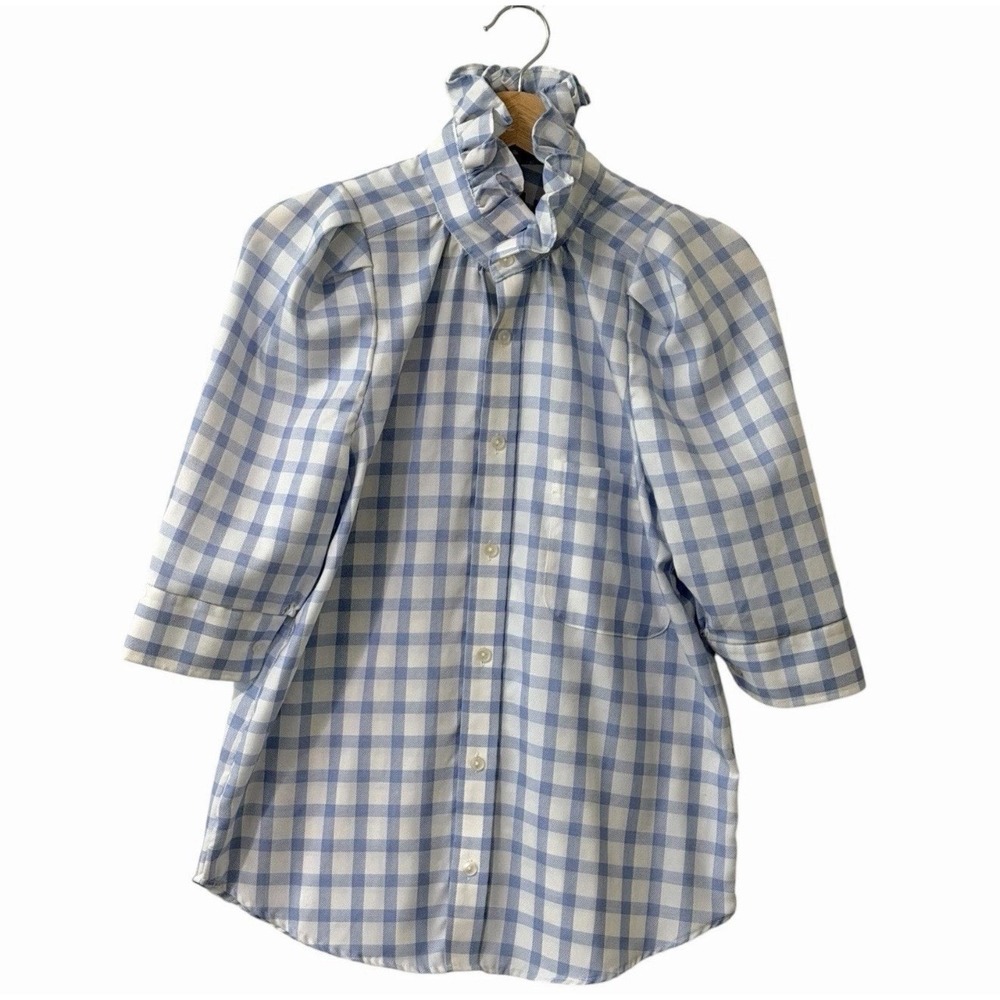 KMJ Women's Blue White Gingham Plaid Tunic Blouse Ruffle Neck Puff Sleeve Small